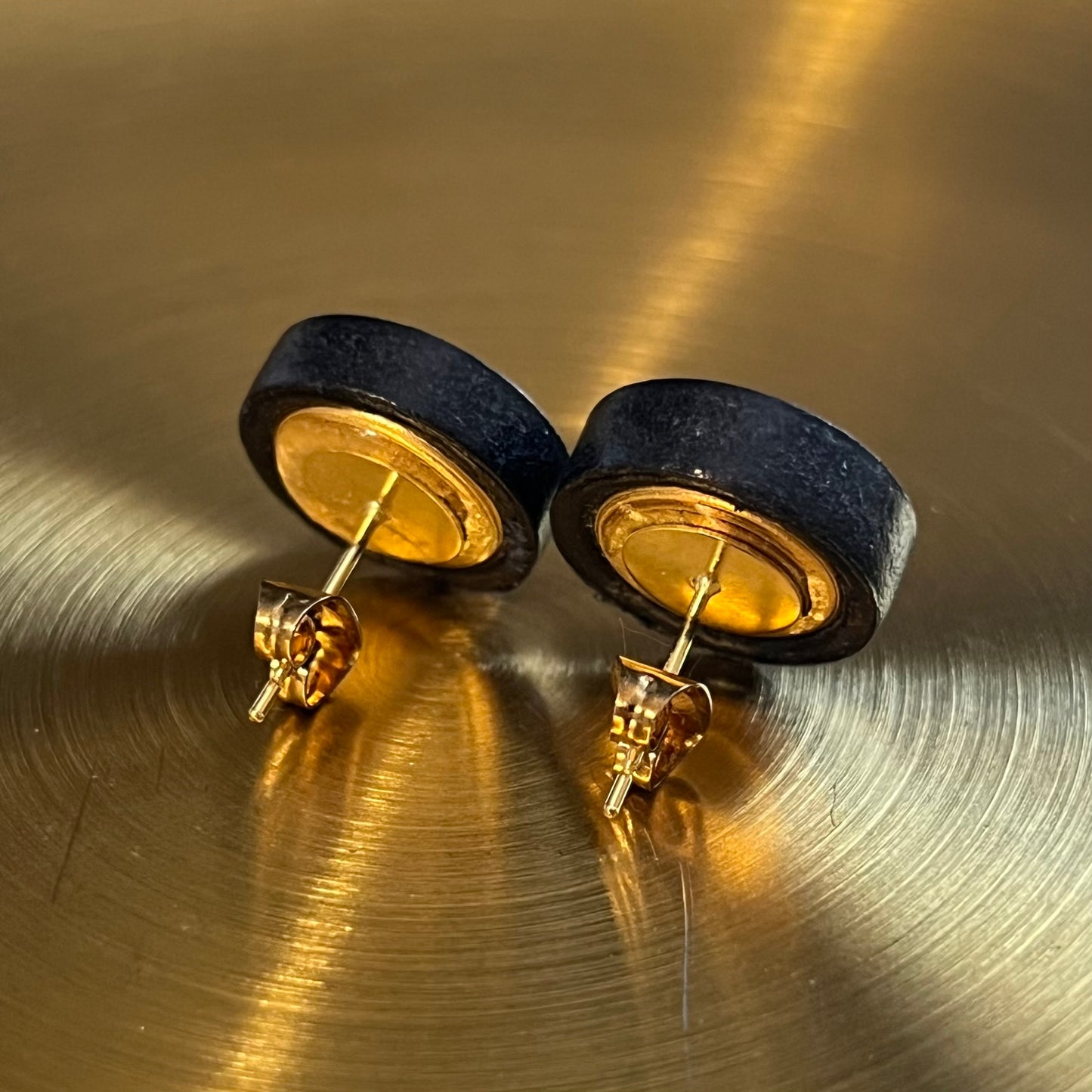 Black Leather Hermes Button Earrings